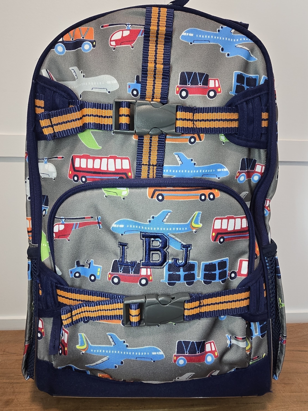 Pottery Barn Kids Gray/blue Rolling Backpack with Vehicle Print "LBJ" Monogram.